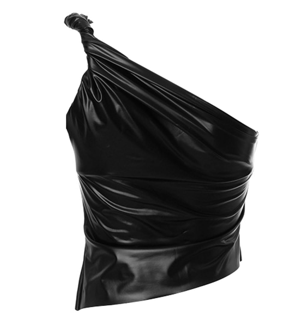 Canotta da donna in pelle PU crop top collo a lupetto senza maniche asimmetrico increspato una spalla plissettata t-shirt