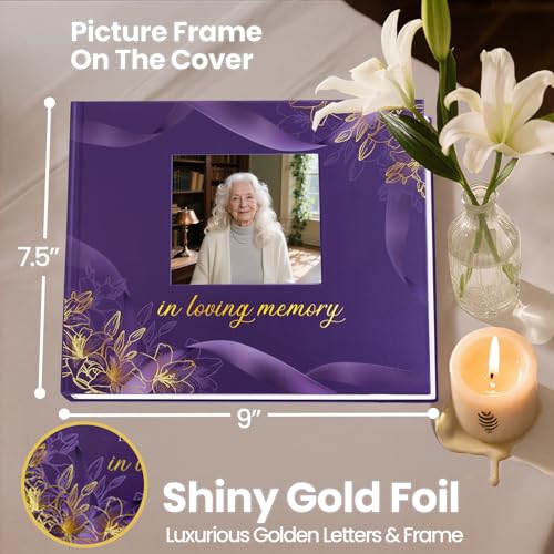 Image of Funeral Guest Book, in Loving Memory Sign in Book with Photo Slot | 330 Entries, Table Sign Card Included, Gold Stamping, Hardcover, Celebration of Life Keepsake, 9x7.5 inch, Purple
