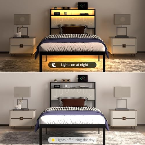 Image of J.Fkne Twin Bed Frames with LED Lights & Charging Station, Metal Platform Frame with Upholstered Headboard, No Box Spring Needed, Noise Free, Easy Assembly