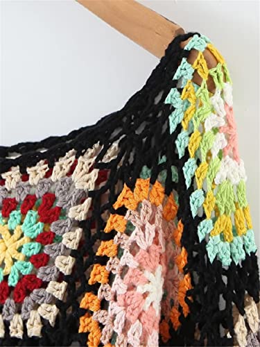 Bciopll Woman Ethnic Colored Plaid Flower Plaid Hand Crochet Pullovers O Neck Full Sleeve Crop Sweater Knitwear Loose4