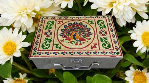 Image of Stainless Steel Storage Box, Cash Box, Pooja Peti, Organizer, Vanity Storage Box, Jewellery Safe Bank Locker, Cash Box With Handicrafts Digital Meena Kari Design (Silver, 9 Inch)