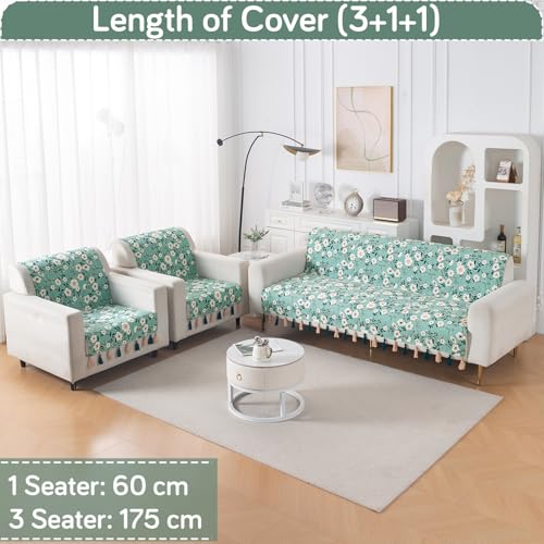 Image of HOKIPO Printed Holland Velvet Sofa Cover 5 Seater Set - Washable 3+1+1 Sofa Cover with Tassel | Full Protection for Sofa Seat and Back | 'Whispers of Nature' | Sage Floral Vine (IN-1127+1125-D8*2)