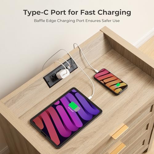 Image of SICOTAS Rattan Nightstands Set of 2 Bedside Table - Larger Night Stand with Type-C Charging Station, 3 Drawers Storage, Boho Night Stands End Table for Bedroom Office - Light Oak