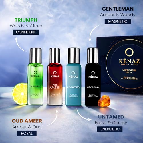 Image of KENAZ Men Perfume Gift Set| Better than EDP, EDT, EDC | 4 x 20ML Perfumes | Woody & Fresh Aromatic Notes | Long Lasting and Luxury Parfum | (Untamed, Triumph, Gentleman, Oud Ameer) | Dubai Crafted | IFRA certified