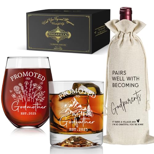 Image of Vagafilla Est 2025 Godmother Godfather Wine Glass & Whiskey Glass Set & Bag, Mothers Day Fathers Day Gift, Pregnancy Announcement Gifts for Godparents, Baptism Wine Glass Gift