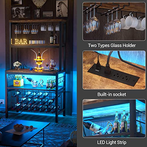 Unikito Wine Bar Cabinet With Led Light And Sockets, Industrial Coffee Bar Cabinet For Liquor And Glasses, Freestanding Wine Rack Table, Farmhouse Bar Cabinet With Adjustable Wine Racks, Rustic Brown #TOP2