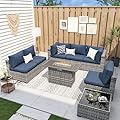 UDPATIO Patio Furniture Sets with Fire Pit Table, Modular Rattan Outdoor Conversation Patio Sectional Furniture Sofa Set for Backyard, Deck w/Coffee Table, 8PC Grey/Blue (Include Sofa Cover)