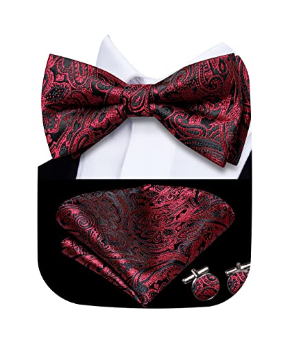 Image of Hi-Tie Pre-Tied Bowties for Men Silk Bow Ties and Pocket Square Cufflinks Set Mens Wedding Party Formal,Black Red Paisley
