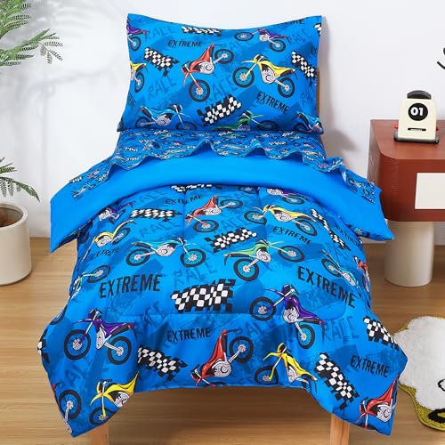 Image of lasoftan Toddler Bedding Set, Toddler Bed Comforter Sets for Girls, Toddler Bed Set, Motorcycle Printed
