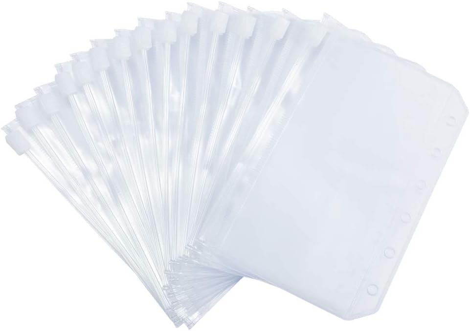 Harphia 14 PCS Mini Binder Pockets A7 Size 6 Holes Binder Zipper Pouch Bag Folders for 6-Ring Notebook Binder Loose Leaf Bags, Waterproof PVC EVA Pouch Document Filing Bags