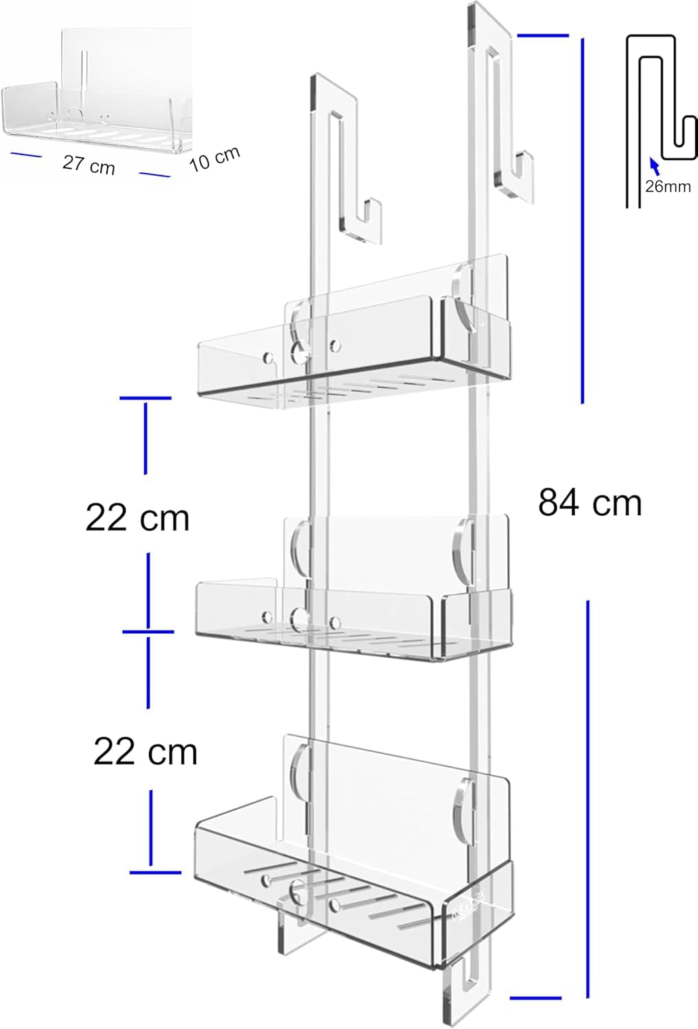 REGPLEX Porta Shampoo Doccia Plexiglass Trasparente Organizer Bagno 3 Mensole Montaggio Senza Viti Adatto Box 26-40 mm
