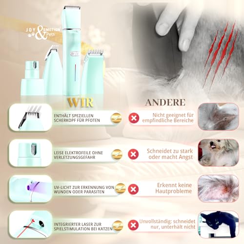 JOY & EMOTION® 6 in 1 Schermaschine für Katzen und kleine Hunde, Hundeschermaschine mit Laser und UV-Licht zur Erkennung von Wunden | Kabellose Tierhaarschneidemaschine | LEISER Pfotentrimmer Hunde