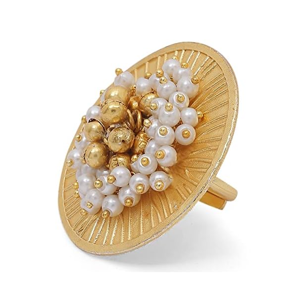 I Jewels Gold & Silver Plated Ethnic Adjustable Brass Finger Ring Embellished With ghungroo and pearl (FL220-1) - Image 5