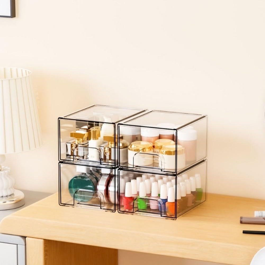 Cassetti trasparenti impilabili per organizer da scrivania in acrilico, salvaspazio, con manici e cuscinetti antiscivolo, per trucco, gioielli, forniture per ufficio, contenitori multiuso