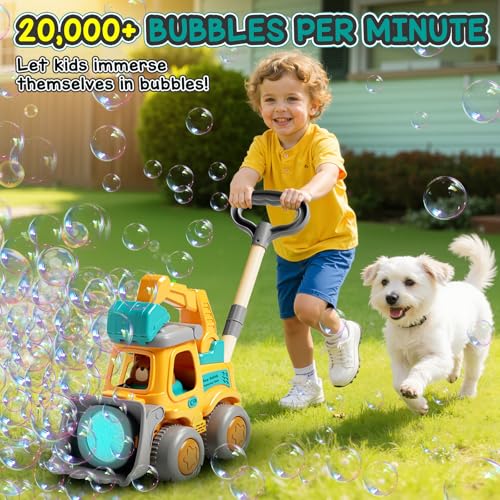 Britik Bubble Machine for Toddlers 3-6: Construction Truck Bubble Lawn Mover, 2-in-1 Handheld Push Automatic Bubble Blower with Led Lights USB Rechargeable, Bubbles Toy for Kids Boy Girl 3-6 Year Old