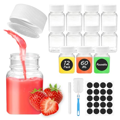MSLHUB Lot de 12 petites bouteilles à remplir - 60 ml/100 ml - En plastique vides - Pour smoothie - À remplir avec des autocollants - Bouteilles à shot de...