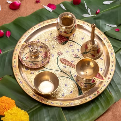 ServDharm Brass Plate Set 10” | Meenakari Pooja Thali Set | ...