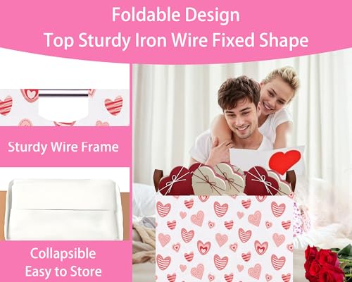 Image of Valentines Day Basket Large Foldable Heart Shaped Storage Box for Gifts Kids Empty Storage Bins Rectangular Toy Organizer Decor (Pink Fingerprint Love)