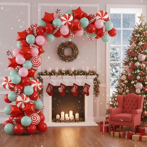 Image of Christmas Balloons Set, 35pcs Xmas Baby Pink Red Light Green and Candy Cane Star Foil Balloons for Merry Christmas Candy Theme Candyland Party Baby Shower Gender Reveal New Year Decorations Supplies