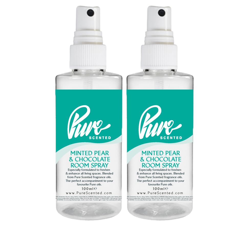 "Pure Scented 200ml Room & Fabric Sprays 2 x 100ml Suitable For Home, Car, Caravan, Work, Gym Bags, Odour Eliminators (2 x 100ml, Minted Pear & Chocolate)"