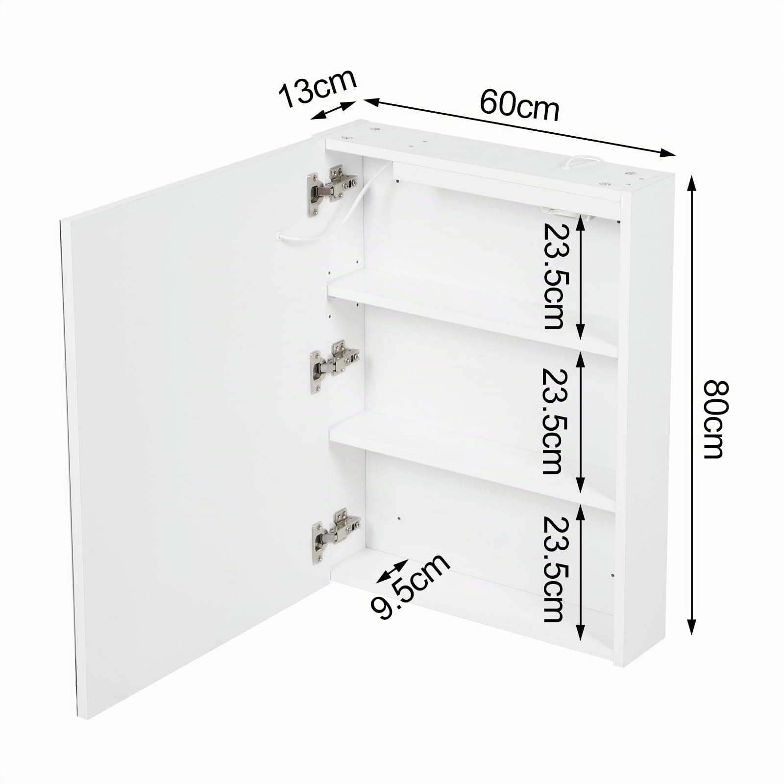 Armario con espejo de baño con iluminación LED, 3 luces ajustables, armario con espejo grande con estante y enchufe, armario de pared antivaho para ahorrar espacio, 60 x 80 cm, color blanco