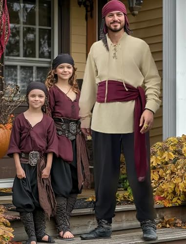 Verceco Mens Pirate Costume Outfit Renaissance Costume Men Medieval Outfit With Pirate Pants Shirts Sash Accessories Khaki Large4