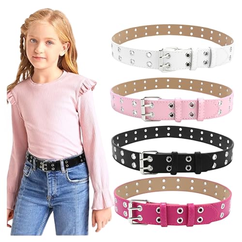 Toptim Set of 4 Kids Double Grommet Belt for Girls and Boys, Punk PU Leather Kids Studded Holes Belt for Jeans Pants