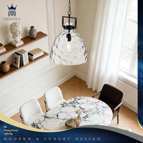 Image of 13.8 inch Black Glass Pendant Light, Hammered Clear Glass, E26 Hanging Light