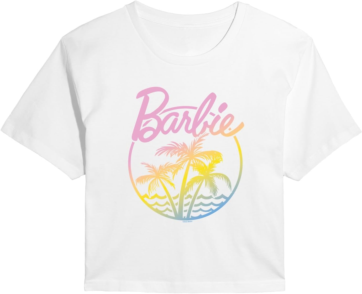 Barbie Women's Juniors Palm Tree Tropical Logo Classic Fit Soft Feel Cropped Short Sleeve T-Shirt