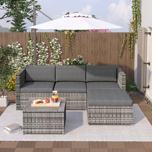 Yihomfy Salon de Jardin Exterieur 4 Personnes, Salon de Sofa modulable Polyrotin Ensemble Mobilier avec 3 Canapé Modulables 1 Table Basse 1 Ottomane, Mobilier...