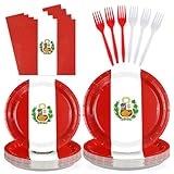 Greencian 96Pcs Peru Flag Party Supplies: 96 pcs Peruvian tableware set includes 24 9" Peru flag dinner plates, 24 7" Peru flag dessert plates, 24 6.5" Peru flag napkins and 24 forks for each set that can serve 24 guests. Designed for the Peruvian pa...
