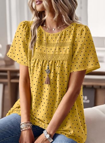 Image of Falechay Womens Summer Tops Crewneck Short Sleeve Shirts Casual Chiffon Blouses Flowy Lace Hem Boho Clothing Trendy 2026