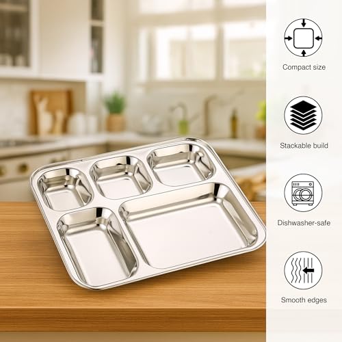 Image of Expresso - Heavy Duty Stainless Steel Rectangle /Square Deep Dinner Plate w / 5 Sections Divided Mess Trays for Kids Lunch, Camping, Events & Every Day Use Kitchenware.