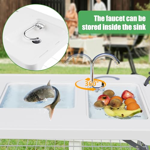 LHBcraft Portable Fish Cleaning Table with Deep Sinks & Sprayer, Folding Camping Sink Table with Water Hose Hookup & Faucet, Ideal for Picnic and Fishing, White