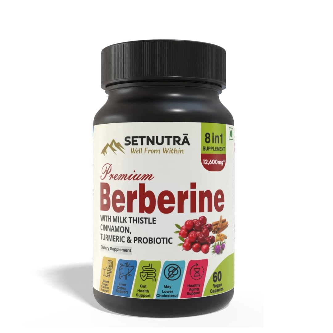 SETNUTRA | Berberine with Milk Thistle Cinnamon, Turmeric & Probiotic | Cost Saver 8in1 Supplement For Adults | Supports Gut Health & Blood Sugar Control | Liver Detox & Healthy Aging | 60 Capsules