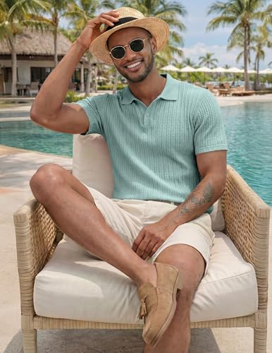Image of JMIERR Mens Casual Polo Shirt Summer Short Sleeve Vacation Button Beach Knit Stretchy Golf Shirts