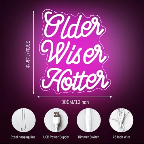 Image of Pink Older Wiser Hotter Neon Sign Funny Birthday Party Neon Light Happy Birthday Backdrop Lights for Women 30th 40th 50th 60th 70th 80th Party Decorations
