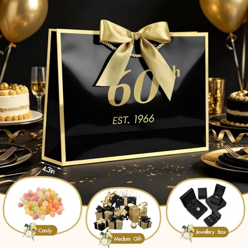 Image of JMANNI 60th Birthday Gift Bag with Card and Tissue Paper for Men Women Him, 14.2 inch Elegant Black Gold Anniversary Keepsake Party Present Shopping Paper Bags for Gifts Wrapping (EST.1966 /Black /Large)