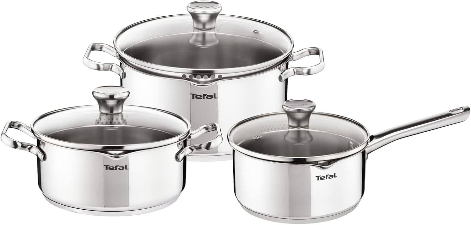 Tefal Duetto On - Juego de 2 Ollas 20/24 cm + Cacerola 16 cm + 3 tapas de cristal, Apto inducción, Acero inoxidable 18/10, 10 años de garantía, Base 3 capas, Marcas de medición