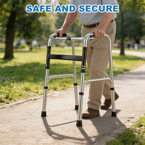 Gehbock für Senioren, Rollator Leicht mit Scharnieren, Klappbar, Höhenverstellbarer Gehbock mit Rutschfesten 4 Gummifüßen Gehgestell aus Aluminium für Wohnung und Unterwegs