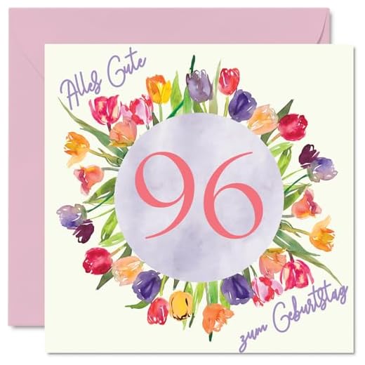 Tarjeta de cumpleaños 96 para mujer, diseño de flores de tulipanes de acuarela, diseño de flores y tulipanes, tarjetas de felicitación de cumpleaños para 96 años, para mujer de 96 años, 145 mm,