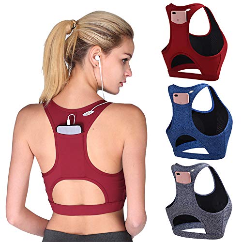 Vottery Women Sports Bra Phone Pocket Racerback Full Coverage Wireless