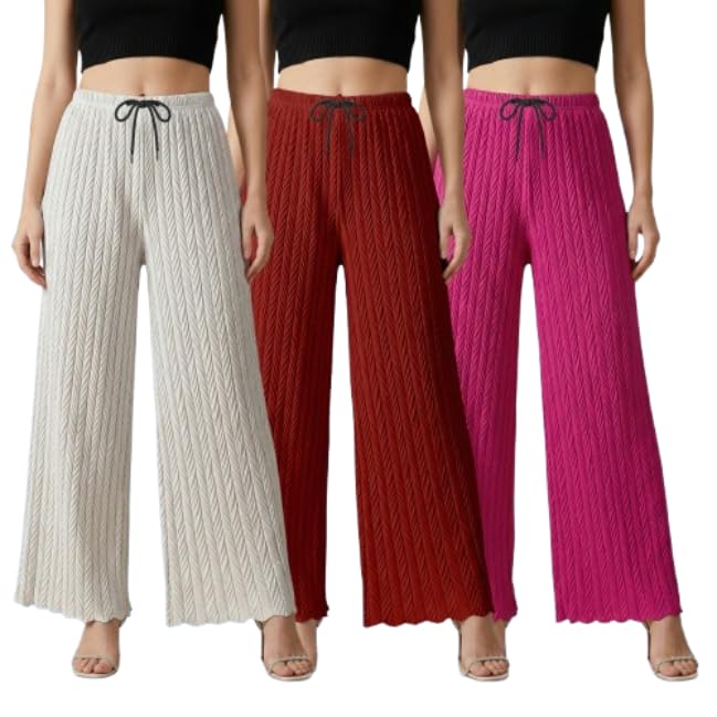 jenishas Women’s Lycra Palazzo Combo – 3 Pack Soft Elastic Waist Comfortable Fit Pants-picture-28