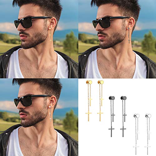 Cupimatch 3 Pairs Stud Earrings with Cross Dangle for Men Women Stainless Steel Double Cross Tassel Ear Pierced Earrings Set4