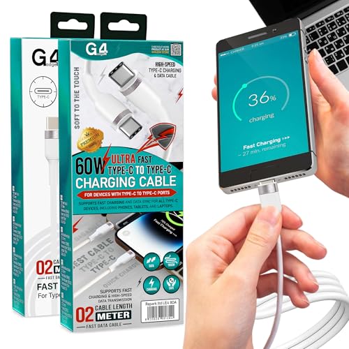 G4GADGET USB C to USB C Cable [2-Pack, 2M Each, 60W] Type-C Fast Charging Cable for Phone, Tablet, Laptop – Long Durable High Speed Data Transfer Cord – USB Type C to Type C Charger