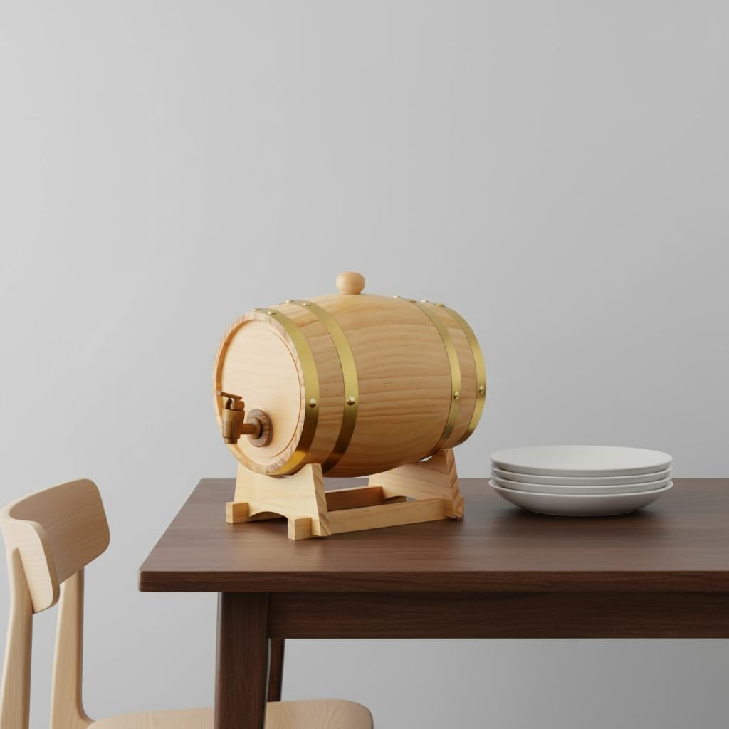 Botte di vino in legno da 3 litri, con supporto e rubinetto, in rovere, per whisky e vino, botte di quercia, piccola botte in legno, 16 x 23,5 cm, naturale, per abitazioni, alberghi, cucine.