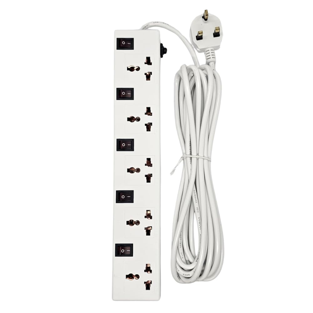 5-Outlet Extension Cord with Individual Switches, 5-Meter Long Cable, Universal Socket Design, Fire-Resistant, Space-Saving Slim Profile - Ideal for Home and Office Use