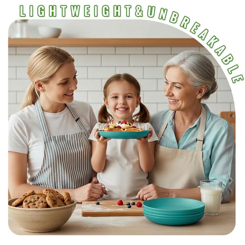 Image of 8 Inch Wheat Straw Plates Set of 6, Reusable Plastic Plates, Green | Unbreakable and Lightweight Small Dinner Plates for Appetizer, Dessert, Cream