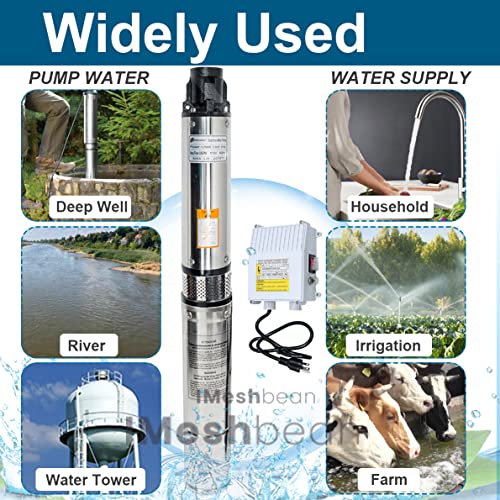 Deep Well Submersible Pump With External Control Box, 1 Hp Well Pump 115V 33 Gpm, 207' Head,100' Power Cord Stainless Steel, 4",Long Life M#010 (Cast Iron Discharge Head) #TOP6
