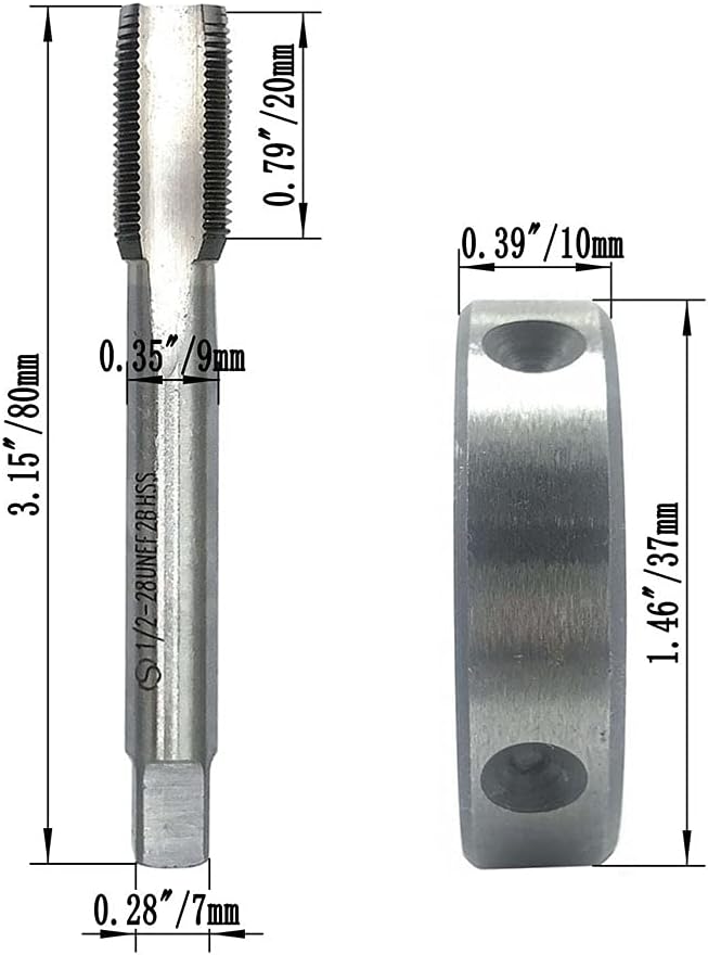 1/2"-28 UNEF Tap and Die Set, UNEF Machine Thread Tap and UNEF Round Thread Die Right Hand